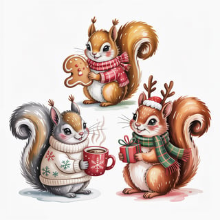 Cute Watercolor Squirrels in Holiday Attire