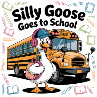 Quirky Cartoon Goose with School Bus