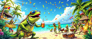 Tropical Beach Party with Cartoon Iguanas