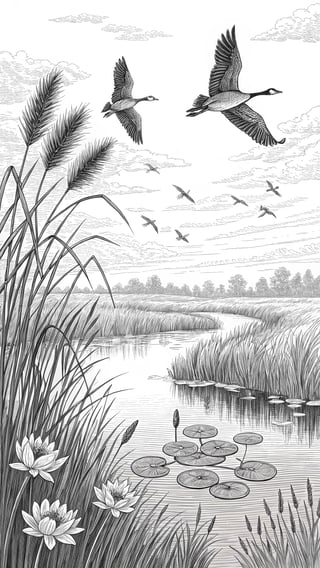 Serene Marshland Wildlife Line Art