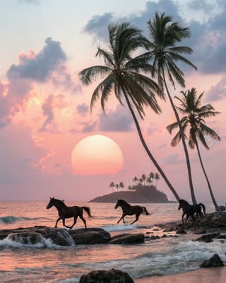 Tropical Sunset with Silhouetted Horses