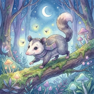 Curious Possum in Nighttime Woodland