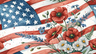 Watercolor American Flag with Flowers