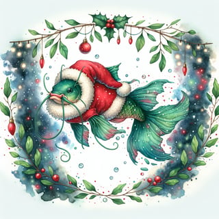 Catfish in Santa Suit Watercolor Art