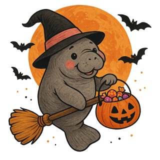 Halloween Manatee Witch Illustration
