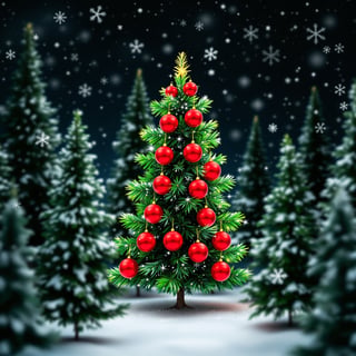 Snowy Green Spruce Trees with Decorated Christmas Tree