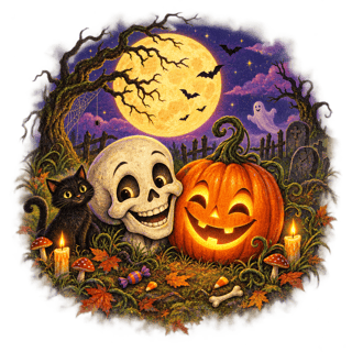 Vintage Halloween Skull & Pumpkin