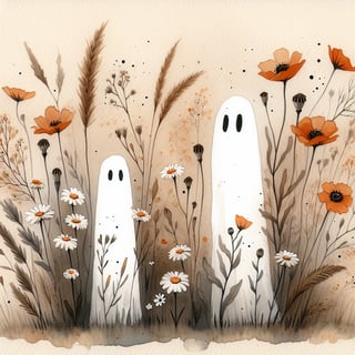 Whimsical Watercolor Ghosts in Wildflowers