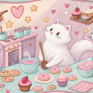 Fluffy Cat Baking in Pastel Kitchen