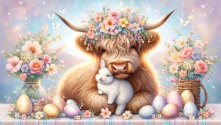 Joyful Highland Cow with Bunny and Flowers
