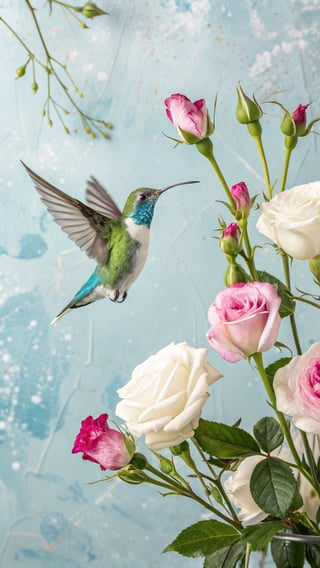 Watercolor Hummingbird with Roses
