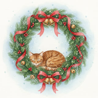 Watercolor Tabby Cat in Christmas Wreath