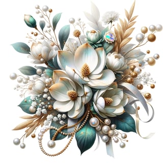 Watercolor White Gold Magnolia Flowers