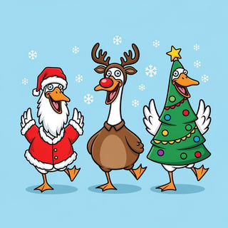 Goofy Cartoon Geese in Christmas Costumes