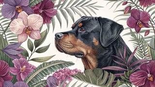 Vibrant Rottweiler with Orchids Illustration