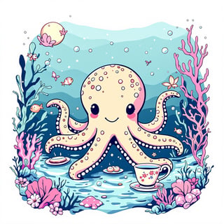 Kawaii Octopus Tea Party T-Shirt Design