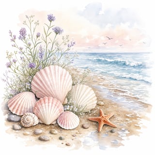 Watercolor Beach Scene with Shells