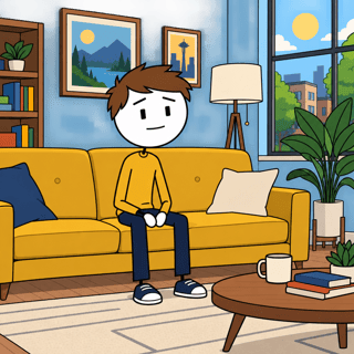 Flat 2D Cartoon Character in Interior