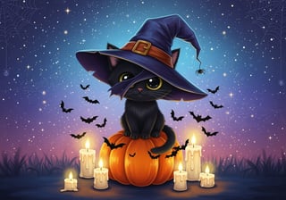 Cute Black Kitten in Witch Hat