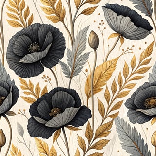 Bold Black Poppies with Golden Leaves