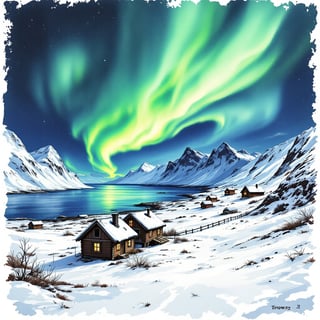 Tromso Northern Lights Watercolor Art