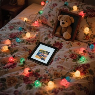 Cozy 90s Floral Bed with Christmas Bulbs