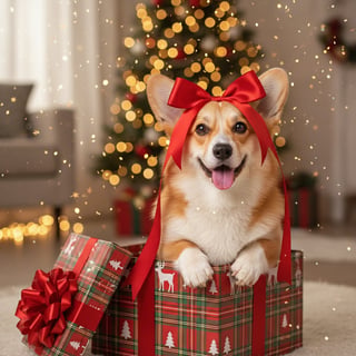 Cute Corgi in Christmas Present