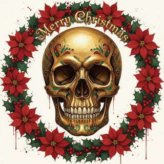 Artistic Christmas Skull with Poinsettias