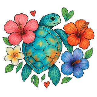 Watercolor Sea Turtle with Tropical Flowers