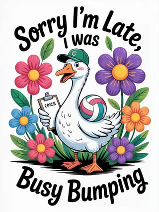 Cartoon Goose with Volleyball and Flowers