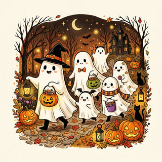 Whimsical Halloween Ghosts Illustration