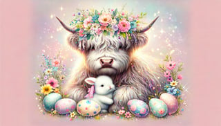 Joyful Highland Cow with Bunny and Flowers