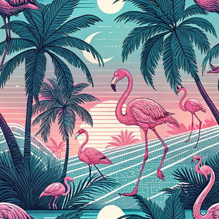 Neon Pink Flamingos Vaporwave Pattern