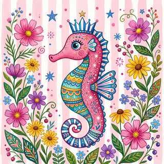 Colorful Folk Art Seahorse Illustration