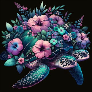 Sea Turtle with Vibrant Floral Mosaic