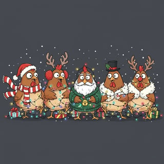 Whimsical Christmas Chickens Cartoon