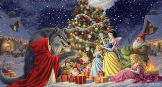 Fairy-Tale Characters in Festive Snowy Village