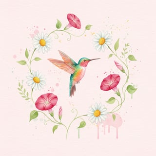 Watercolor Hummingbird with Flowers