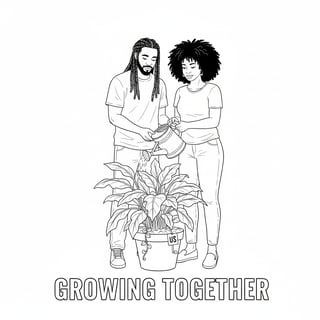 Black Couple Watering Plant Line Art