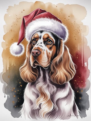 Watercolor Cocker Spaniel with Santa Hat