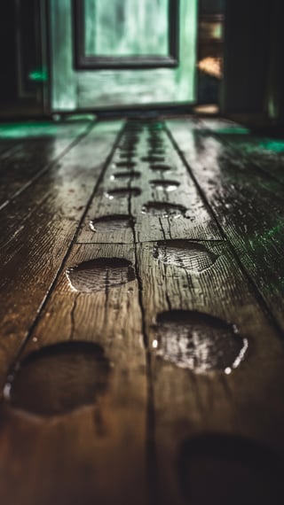 Wet Footprints on Aged Hardwood Floor