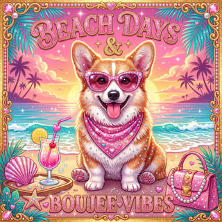Corgi Beach Party Digital Illustration