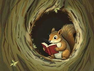 Squirrel Reading in Tree Hollow