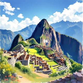 Machu Picchu Ink and Watercolor Art