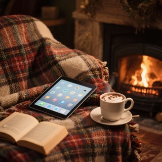 Cozy Fireplace Setup with Book and Cocoa