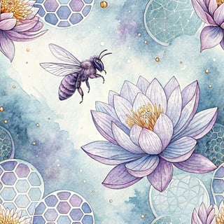 Dreamlike Bee and Lotus Watercolor Art