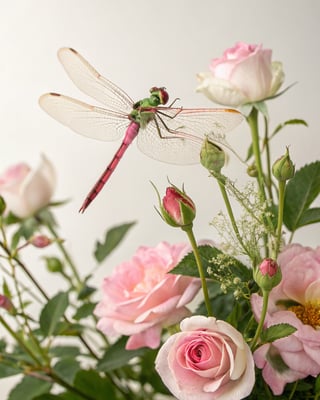 Photorealistic Dragonfly with Roses