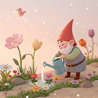 Gnome Watering Flowers on Farm
