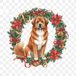 Watercolor Tibetan Mastiff in Christmas Wreath