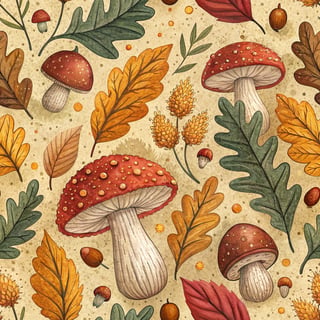 Cottagecore Mushroom and Acorn Pattern